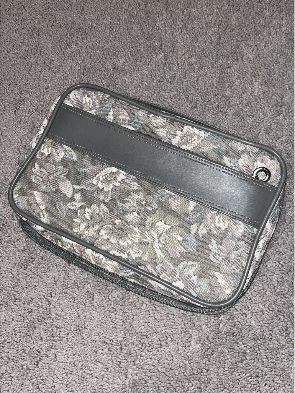 Vintage Floral Tapestry Cosmetic Bag with Gray Leather Trim